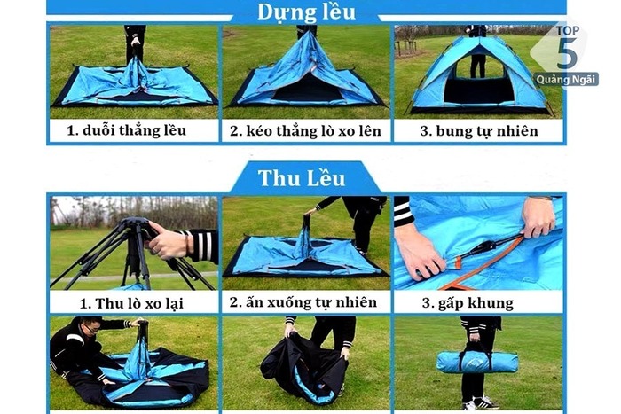 Quy trình gấp lều tự bung dạng đứng bao gồm các bước 